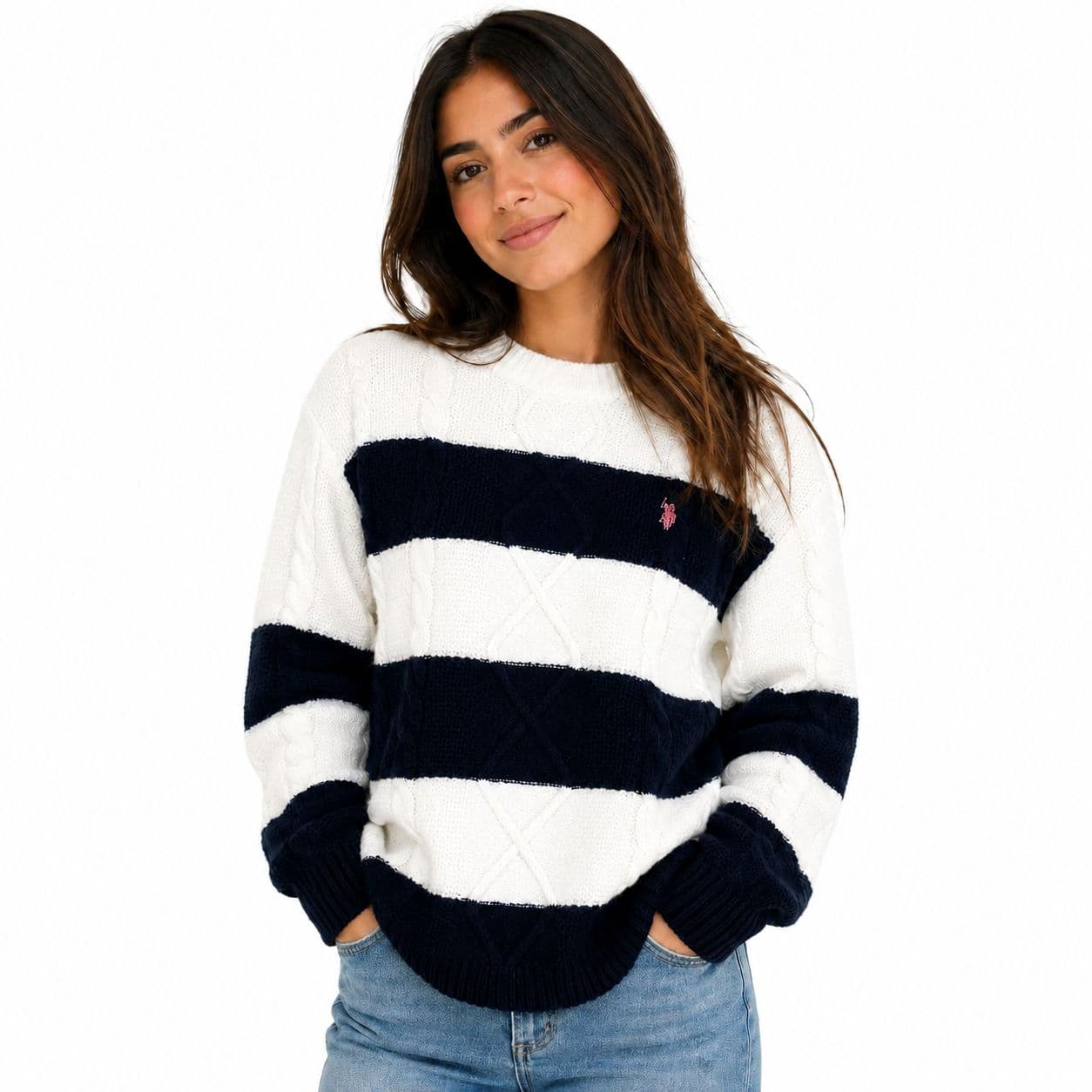 SUETER TEJIDO – BLANCO Y AZUL MARINO / TALLA S